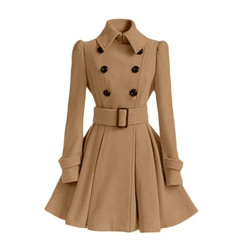 Pea Coats For Women Elegant Double Breasted Dress Coat Warm Wool Blend Overcoat Classic Long Sleeve A-Line Swing Midi Trench Coat With Belt Winter Jackets(Khaki,M)