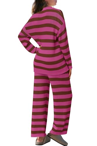 Image of SENSERISE Womens Striped Set Sweater Lounge Sets | Pajamas Set, Loungewear Set, Oversized Knit Sweater, Wide Leg Pants with Pockets, Fall Outfits, Pants Set