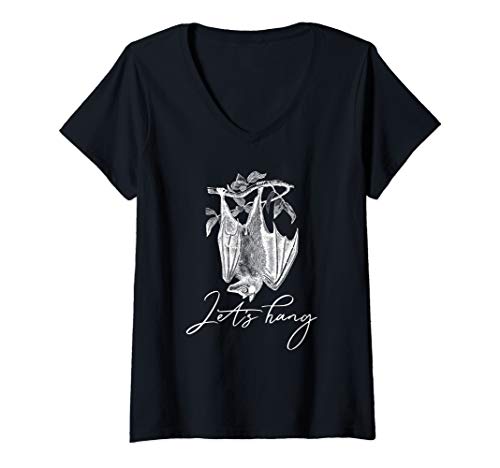Womens Let's Hang Cool Hanging Bat Vintage Art V-Neck T-Shirt