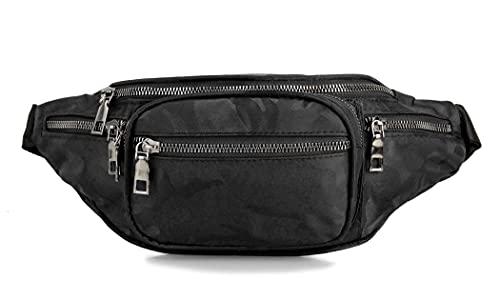 Leoodo camouflage Bauchtasche Gürteltasche 5 Fächer, wasserabweisende Militär Hüfttasche Outdoor für Camping Radfahren Wandern, Hip Bag Crossbody Doggy Tasche, Damen Tasche:Schwarz Cover