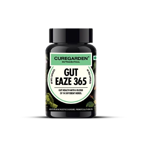 Image of Curegarden Gut Eaze 365 | Probiotic & Prebiotic Gut Health Supplement | 60 Capsules | Supports Digestive Balance, Bloating Relief & Gut Lining | Curcumin + Slippery Elm + Triphala | Natural | Men & Women