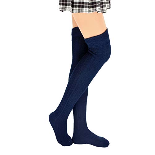 Womens Girls Winter Spring Over Knee Leg Warmer Knit Crochet Thigh Boot Socks Leggings, Navy Blue