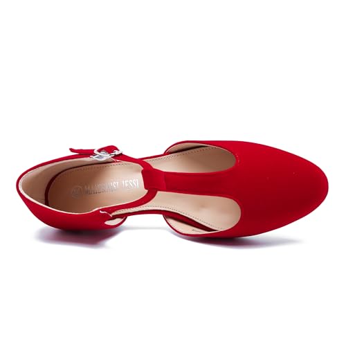 Image of MAIERNISI JESSI Women's T-Strap Mary Jane Pumps, Low Block Heel, Closed Toe, Buckle Ankle Strap
