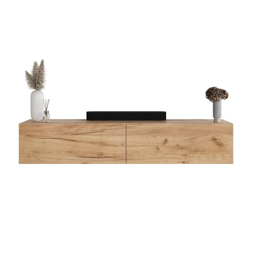 Planetmöbel - Meuble TV - 160 cm - chêne doré - Meuble TV avec 2 rabats comme espace de rangement, meuble bas suspendu ou debout, buffet salon