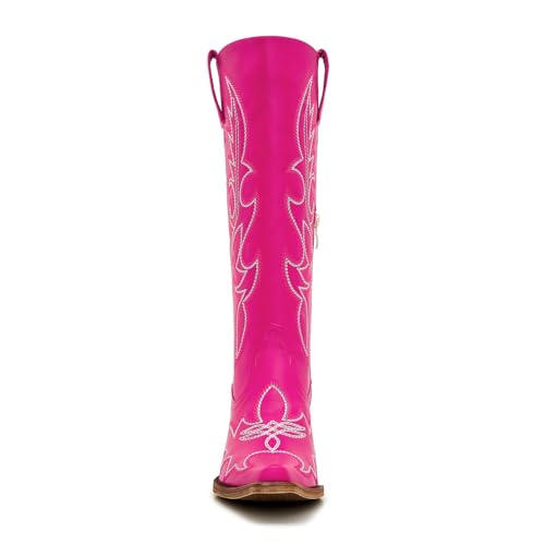Image of Uillnoodu Women's Turquoise Cowgirl Boots - Wide Calf Mid Calf Western Boots Plus Size Embroidered Cowboy Style with Block Heel
