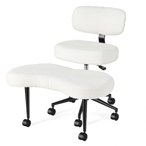 Image of DUMOS Ergonomic ADHD Meditation Office Desk Chair with Adjustable Backrest, Cross Legged Chair Height Adjustable with 360 Swivel Footstool, Yoga Stool for Home Office, Teddy Fabric White