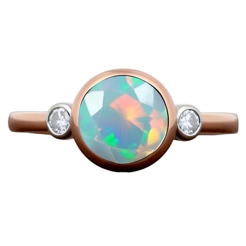 Fire Opal & Moissanite Engagement Ring 925 Sterling Silver Handmade Unique Jewelry For Women Created Round Opal Gemstone April & October Birthstone