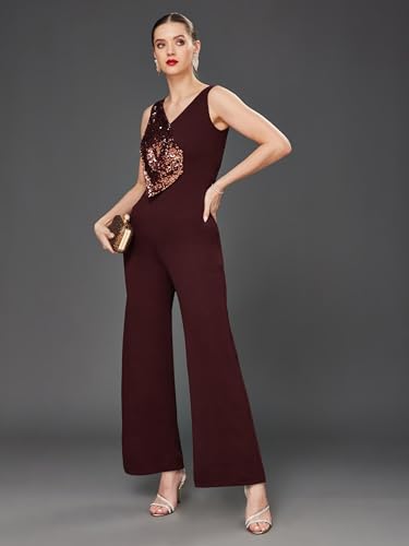 Image of Miss Chase Women's Halter Neck Sleeveless Solid Wide Leg Sequin Paneled Regular Length Jumpsuit