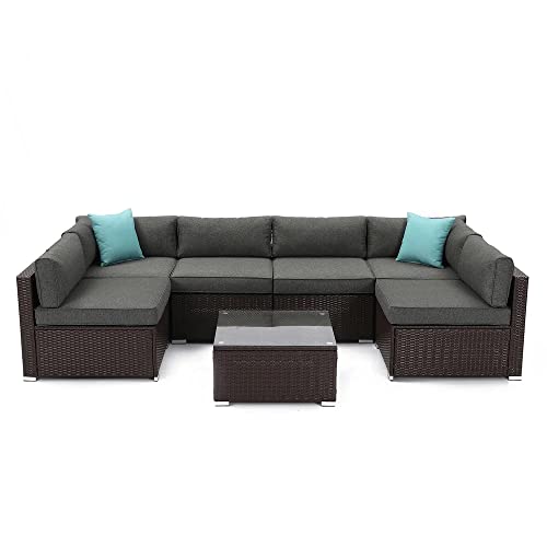 Image of DEVOKO Outdoor Conversation Wicker Patio Sofa Set Sectional Furniture with Coffee Table and Cushion for Lawn, Backyard, Poolside (Dark Brown and Grey)