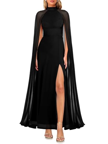 Aisbei Evening Gowns for Women Formal Mock Neck Cape Sleeve Slit A Line Flowy Long Dress Party Wedding Guest Maxi Dresses-Black XXL