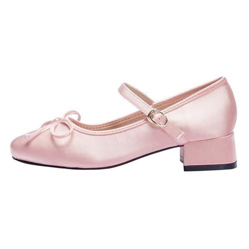Zeberfi Women's Satin Bow Tie Low Chunky Heel Mary Jane Pumps Fashion Square Toe Shallow Mouth Adjustable Buckle Strap Low Block Heels Business Wedding Ballet Dress Shoes