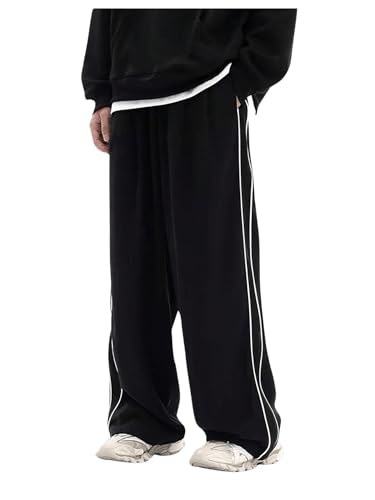 OYOANGLE Men's Casual Cargo Sweatpants Striped Side Loose Fit Wide Leg Pants Streetwear Trousers with Pockets