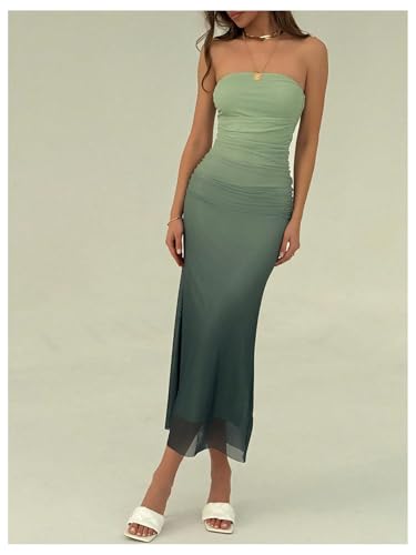 Image of GORGLITTER Women's Sunset Ombre Strapless Cocktail Bridal Shower Midi Dress | Orange Wedding Guest Dress, Mesh Tube Dress, Bridesmaid Dresses, Vacation Beach Sundresses,