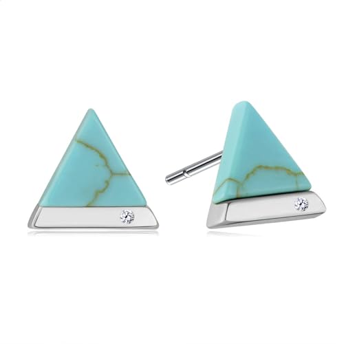 Sterling Silver Natural Turquoise Stud Earrings, 1/10cttw Diamond and Triangle Cut Turquoise Stud Earrings Jewelry Gift for Women