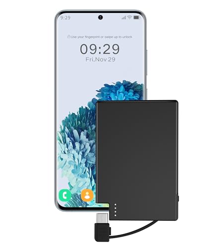 TNTOR Thin USB-C Portable Charger with Built in Cable, Slim Power Bank Credit Card Size Battery Pack Charger Portable for Wallet Compatible with iPhone 15 16 17 Series, Samsung and Android Phones