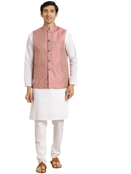 Image of SOJANYA (Since 1958) Men's Silk Blend Dark Green Kurta & Silk Blend Nehrujacket With Off White Churidar Pyjama Set