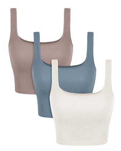 Image of ODODOS 3-Pack Seamless Square Neck Crop Tank for Women Ribbed Knit Soft Low Back Cropped Tops