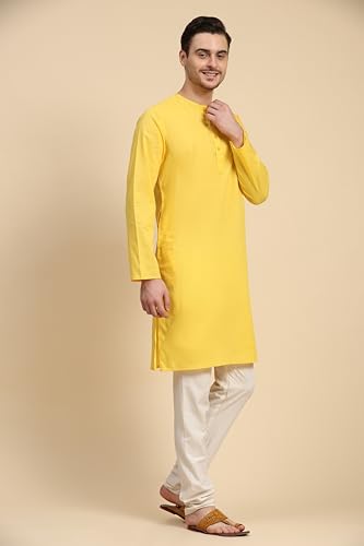 Image of SKAVIJ Men's Pure Cotton Solid Kurta Pajama Set Round Neck Casual Yoga Dress