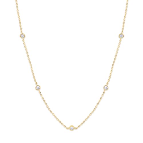 18K Gold Plated Five Stone Station Necklace for Women | 1/2 ctw Moissanite Diamond Bezel-Set Choker Yard Necklace 15