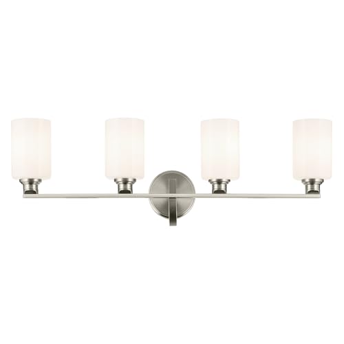 Image of Kichler Gioe 32.25 in 4-Light Bathroom Vanity Light Fixture with Opal Glass in Brushed Nickel, Modern Wall Mount Over Mirror for Powder Room, Damp Rated (32.25 in W x 10.5 in H), 55227NI