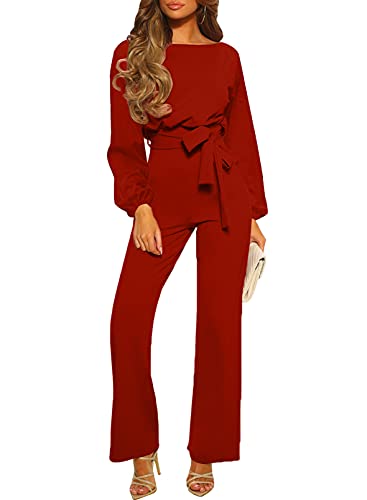Happy Sailed Elegant Jumpsuits for Women Long Sleeve High Waist Belted Casual Stretchy Wide Leg Pant Jumpasuit Romper for Wedding Guest X-Large Red