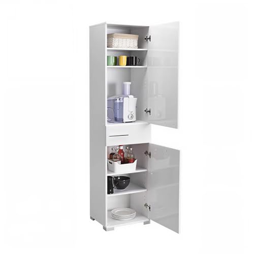 Image of FWStyle Tall White Gloss Storage Cabinet – 187cm Freestanding Unit with 2 Doors, Drawer & 4 Shelves – Chrome Handles – Multi-Purpose Cupboard for Bedroom, Bathroom, Kitchen or Office