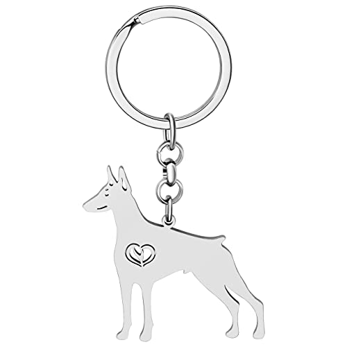 WEVENI Cute Dog Keychain18K Gold Plated Stainless Steel Key Chain Ring Accessories Charms Dog Lovers Gifts for Women Girls (Silver Plated Doberman)