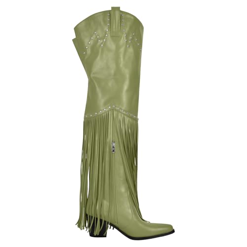 Image of richealnini Western Thigh High Cowboy Boots with Fringe Over Knee Wide Calf Cowgirl Boots