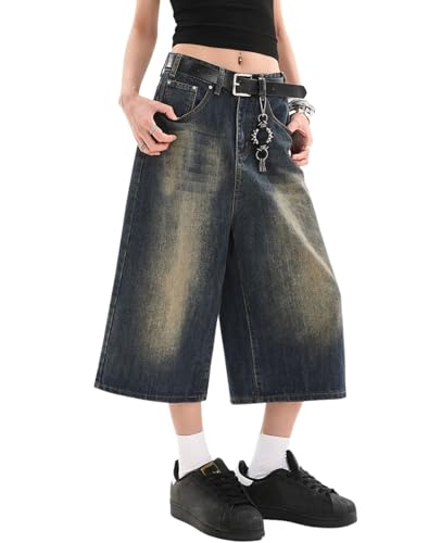 Lafaguw Kurze Jeans für Damen und Herren, hohe Taille, weites Bein, Baggy-Jorts, Y2K, lässige Denim-Caprihose, Grunge-Sommerkleidung., Retro Blue1,...