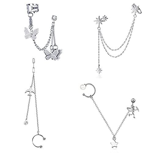 4PCS Ear Cuff Chain Set Chic Cuff Earrings Chain Star Tassel Ear Cuff Butterfly Chain Earring Cuff for Women Girls