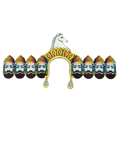 Image of BookMyCostume Ravan Crown with Detachable Face Extension 10 Head Set - Plywood Ramleela Mukut Costume for Dussehra & Fancy Dress Accessory for Adults