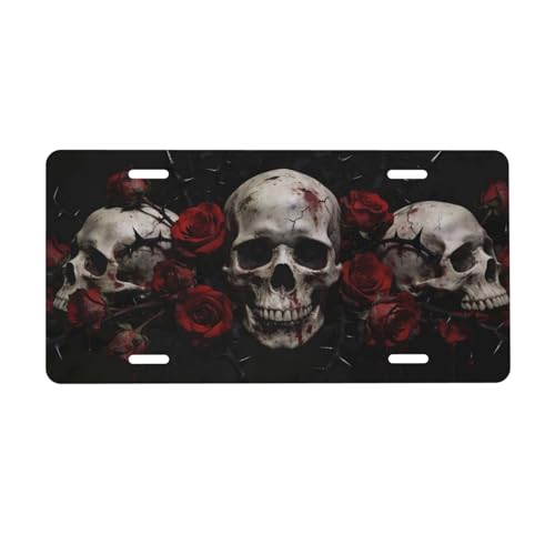 RISOIU Gothic Skulls Red Roses Dark Thorn Front License Plate Aluminum Decorative License Plates Funny Metal Car Plate Novelty Vanity Tag Cover 6"X12" Car Decor Accessory with 4 Holes for Men Women by RISOIU - Used condition - US$15.16