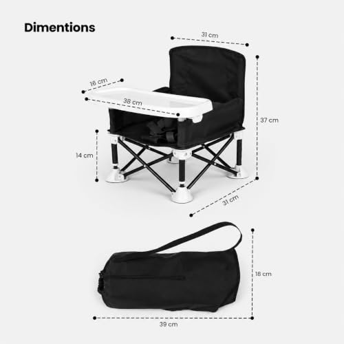 Image of Portable Foldable Baby Dining Chair with Removable Tray & Safety Belt | Travel-Friendly Baby Feeding Chair with Storage Bag | Lightweight Toddler High Chair | Black