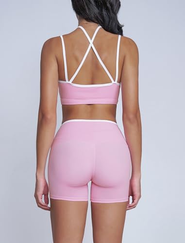 OMEWEE Workout sets for women 2 piece: Fashion contrasting lines Sports Bra and Tummy Control Butt-lifting Shorts Sweet Pink XL — view 3