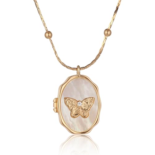 Josojoou Vintage Gold Locket Necklace 14K Gold Plated Dainty Butterfly