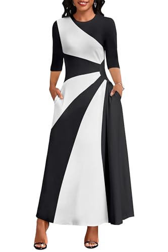 Runwind Maxi Dress for Women with Ruched Waist - Semi-Formal 3/4 Sleeve Crew Neck Long Dresses for Wedding Guest & Church