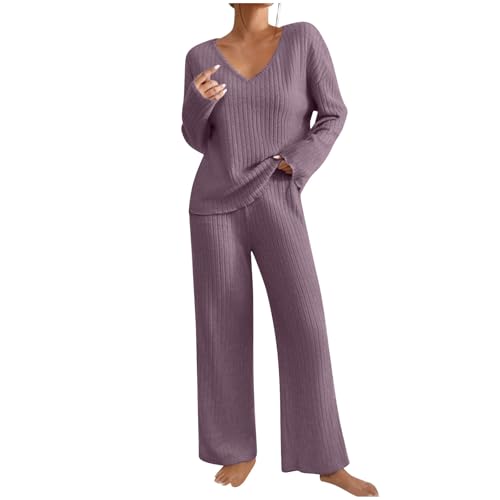 Ropa de descanso para mujer: conjunto de punto casual con cuello en V para vacaciones o diario