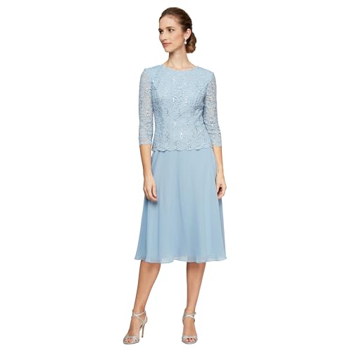 Image of Alex Evenings Women's Tea Length Embroidered Bodice Mother of The Bride Gown, Wedding Guest Dress
