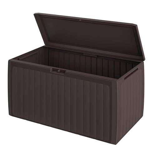 Casaria® Coffre de rangement XXL Aspect lattes en bois Brun 290L Roulettes Poignées Malle Terrasse Balcon Coffre de jardin