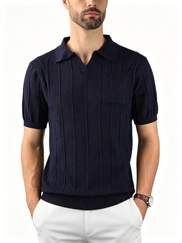 BAYAMO Mens Polo Sweater V Neck Short Sleeve Pullover Sweater Casual Knit Textured Sweater Navy XXL