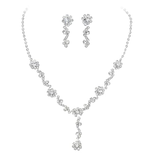 Sinmeifox Womens Jewelry Sets for Prom, Silver Rhinestone Necklace Earrings for Women Bride Wedding(Style 29)