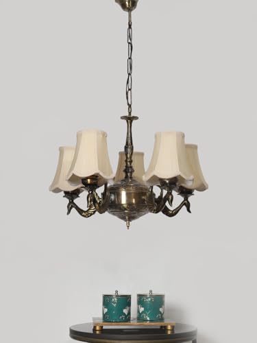 Image of Devansh 05-Light Conical Off-White Cotton Shade Chandelier - Antique Golden Finish | Adjustable Cord | Warm Glow Lamp - Ceiling Light for Living Room, Dining Area, Bedroom & Entryway Decor - D4