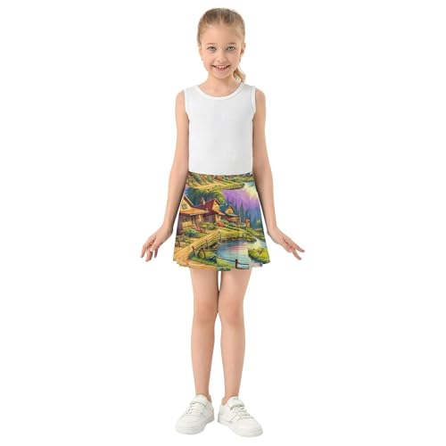 Joisal Skirts with Shorts Colorful Countryside Village Scene Girls' Shorts Athletic Skorts Neon Little Girl 4t3
