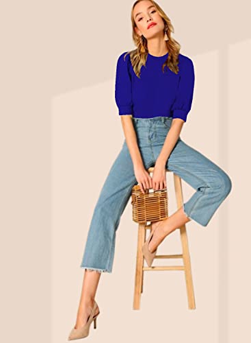 Image of Dream Beauty Fashion Women's Puff Sleeve Round High Neck Top Balloon Bishop Sleeve Elegant Casual Tee (23 inch Inches)- (Top Sofia P)