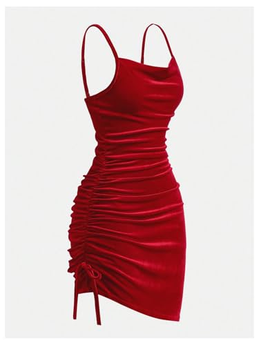 SHENHE Girl's Velvet Cowl Neck Dress Drawstring Ruched Bodycon Spaghetti Strap Holiday Dress3
