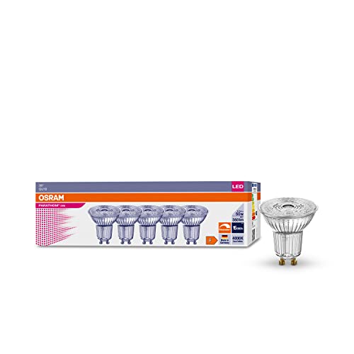 Osram Bombillas reflectoras LED regulables con casquillo GU10, ahorro de energía, 50 W, muy larga vida útil (25.000 H), ángulo de haz de 36°, blanco frío, PAR16 50 36°, 4,5 W/4000 K, GU10 en paquete