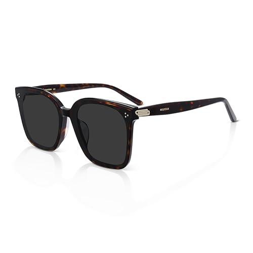 MUJOSH Oversized Square Sunglasses for Women Men, Polarized Flush-Mount Shades with Wraparound Temples, Acetate Anti-Oil UV400 Eyewear for Driving, Travel, Amber Tortoise, Brand of EssilorLuxottica