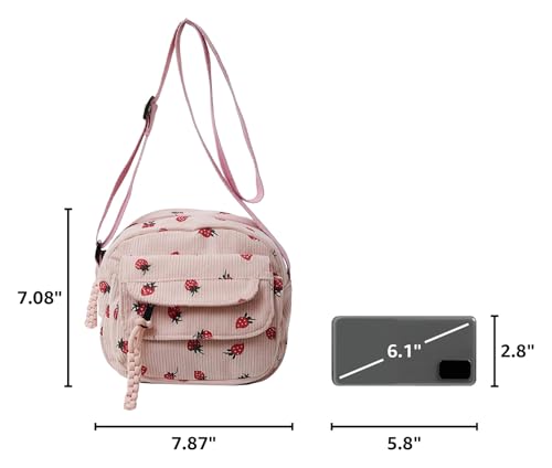 Bolso rosa para mujer tipo tote de pana con diseño de fresa miniatura 3