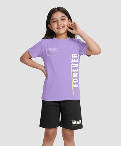 Image of KYDA KIDS Girls 100% Pure Cotton Clothing Set | T-Shirt & Shorts Co-Ord | Premium Chest Printed Top | Soft Comfortable Summer Wear | Casual Kids Outfit