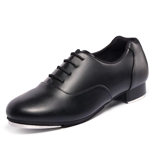 Linodes Unisex-Child Soft Upper Lace up Tap Shoe for Girls, Boys and Kids Tap Flat-Black-2.5M-Little Kid